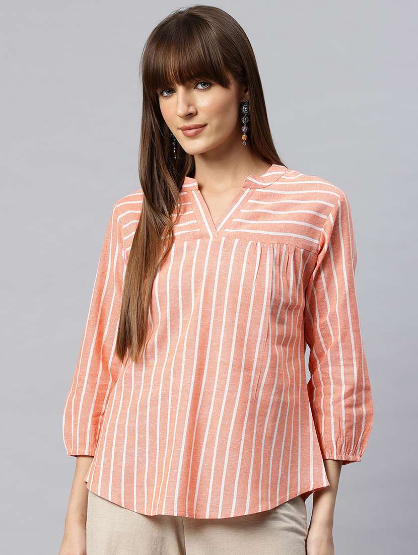 women striped mandarin neck regular top