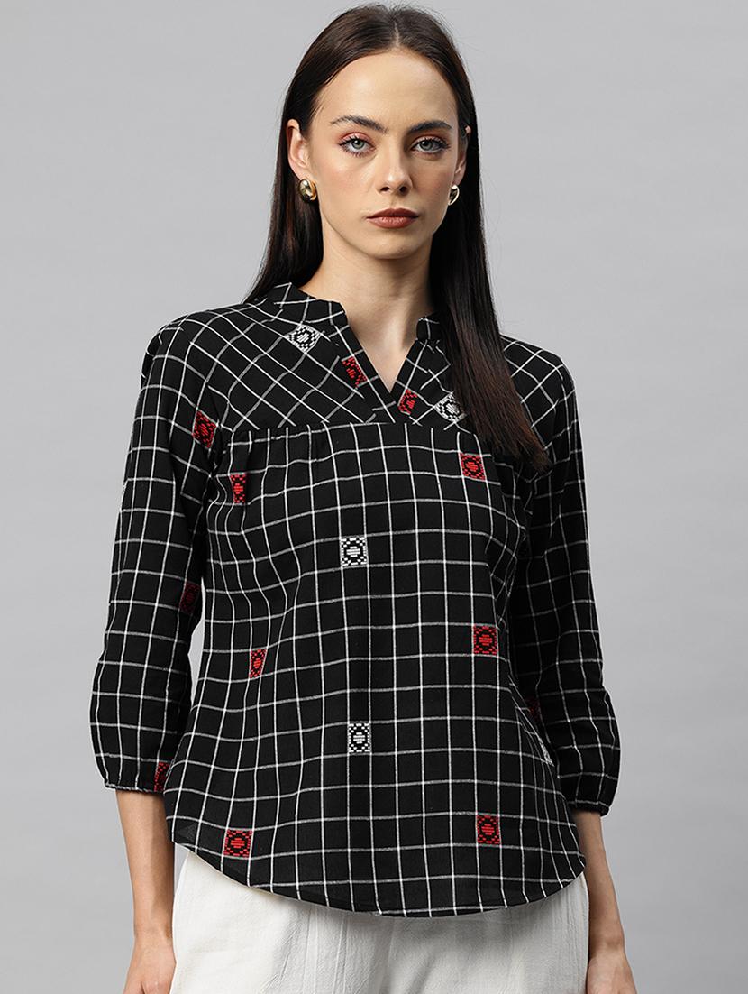 women checkered mandarin neck regular top - 21881205 - Zoom Image - 0