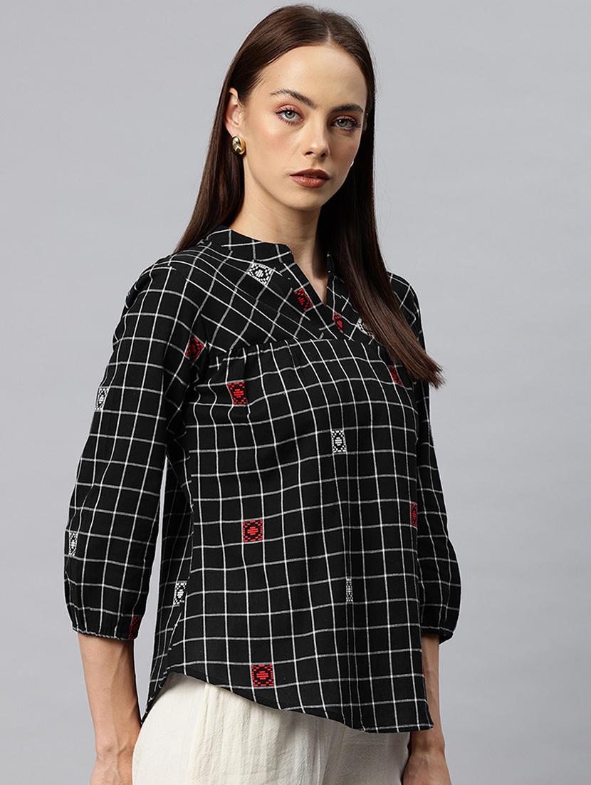 women checkered mandarin neck regular top - 21881205 - Standard Image - 1