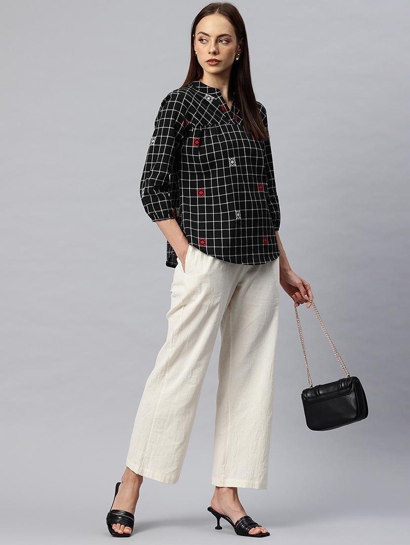 women checkered mandarin neck regular top - 21881205 - Standard Image - 4