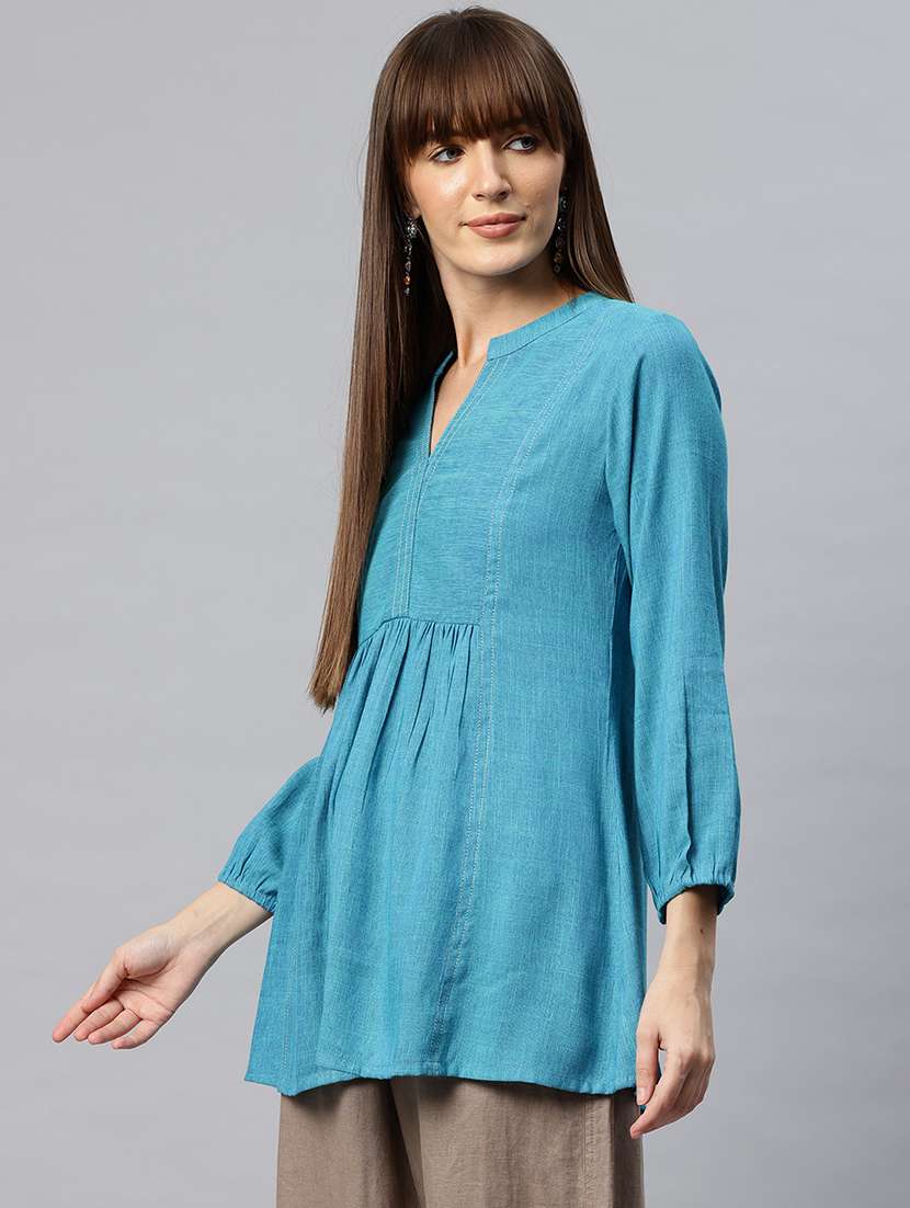 women solid mandarin neck flared kurti - 21881212 -  Standard Image - 1
