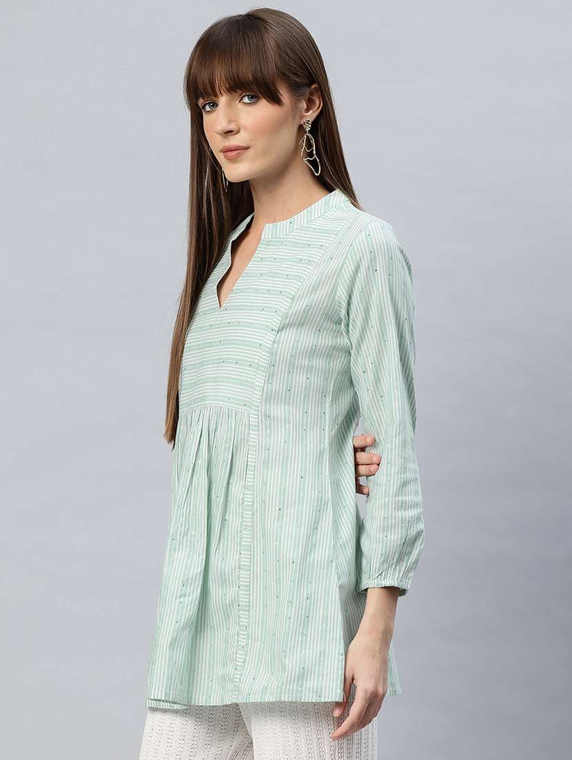 women striped mandarin neck flared kurti - 21881214 - Standard Image - 1