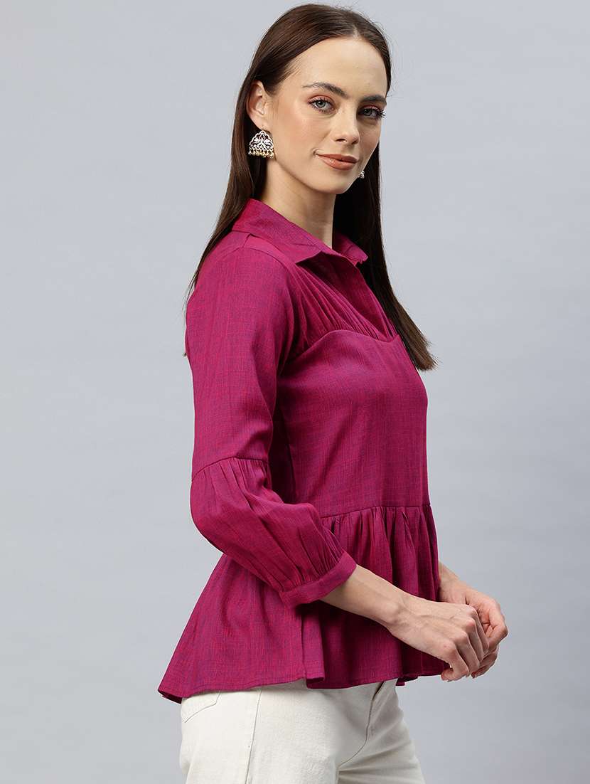 women solid puff sleeves peplum top - 21881219 -  Standard Image - 1