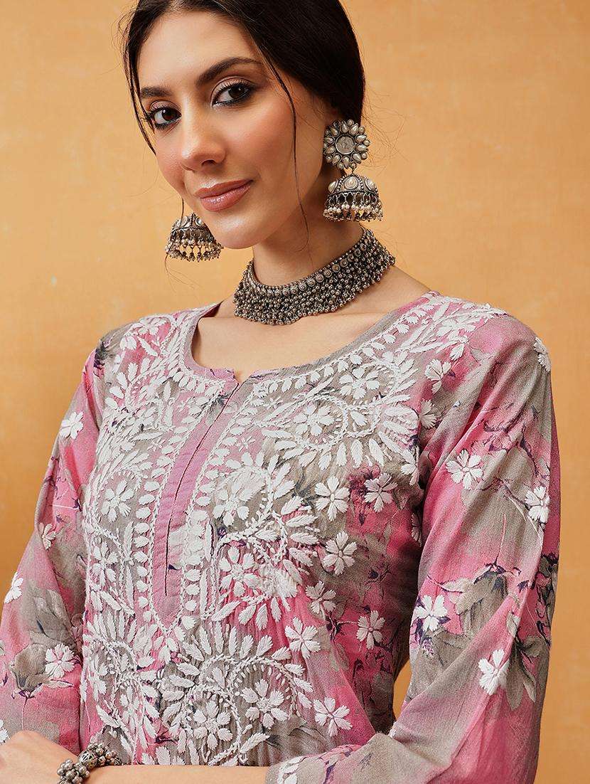 women chikankari three quarter sleeve kurta pant set - 21881222 -  Standard Image - 1