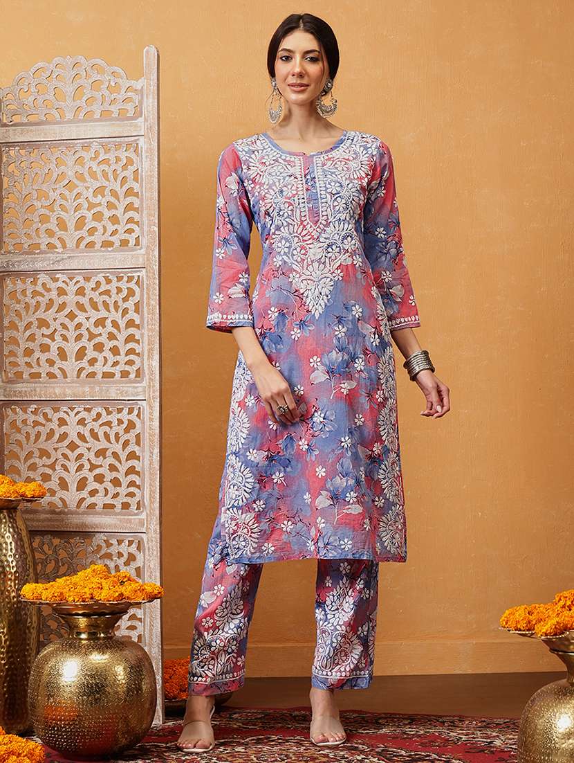 women solid with work round neck kurta set - 21881225 -  Standard Image - 1