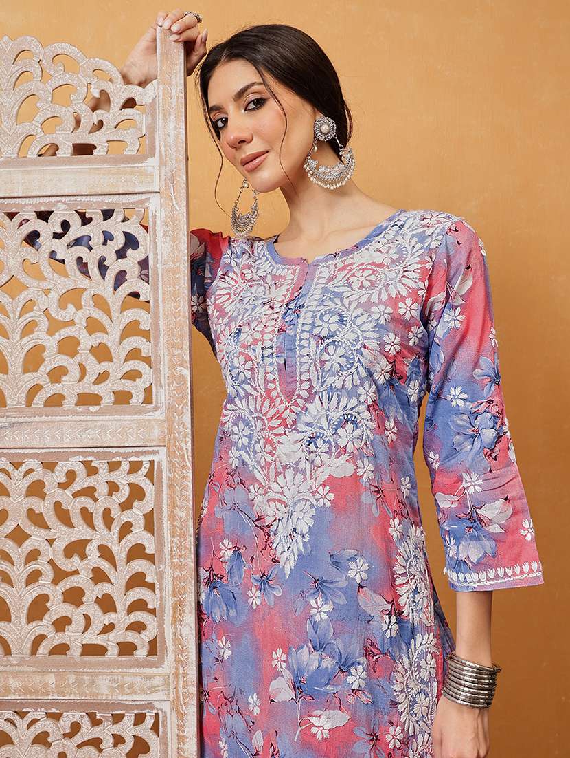 women solid with work round neck kurta set - 21881225 -  Standard Image - 4