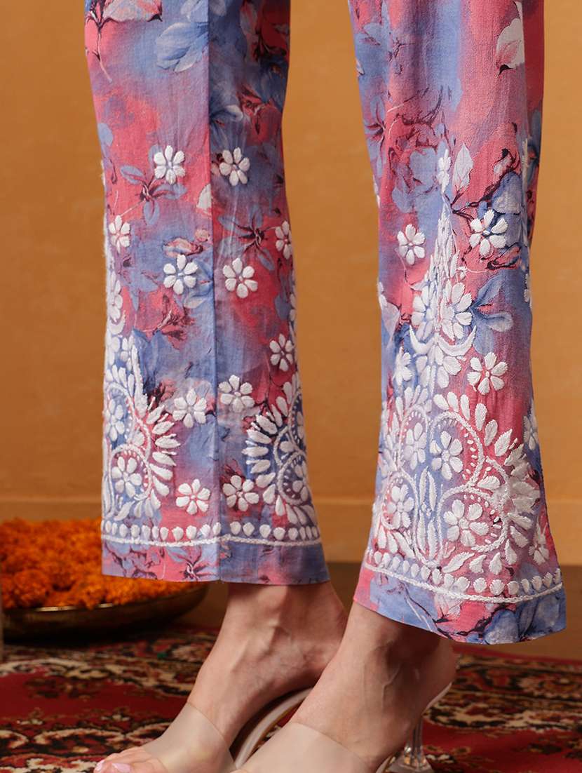 women solid with work round neck kurta set - 21881225 -  Standard Image - 6