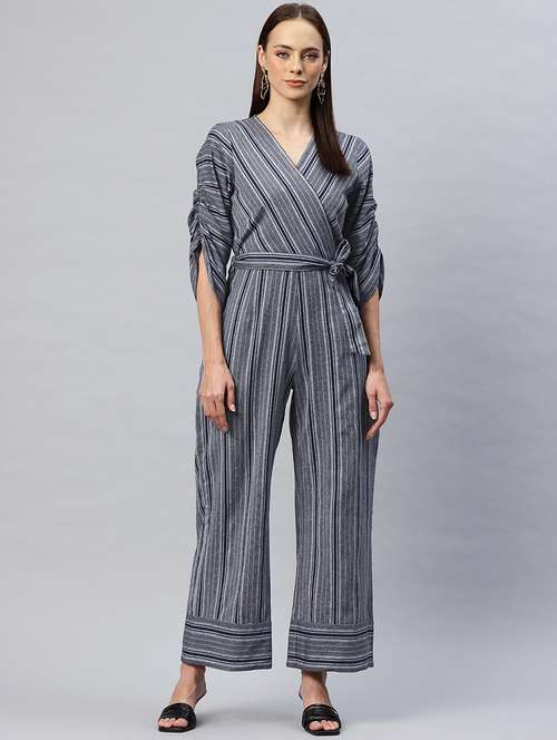 women striped overlap neck full length jumpsuit