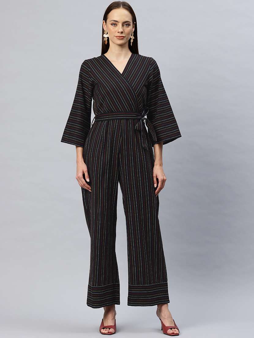 women striped bell sleeves  full length jumpsuit