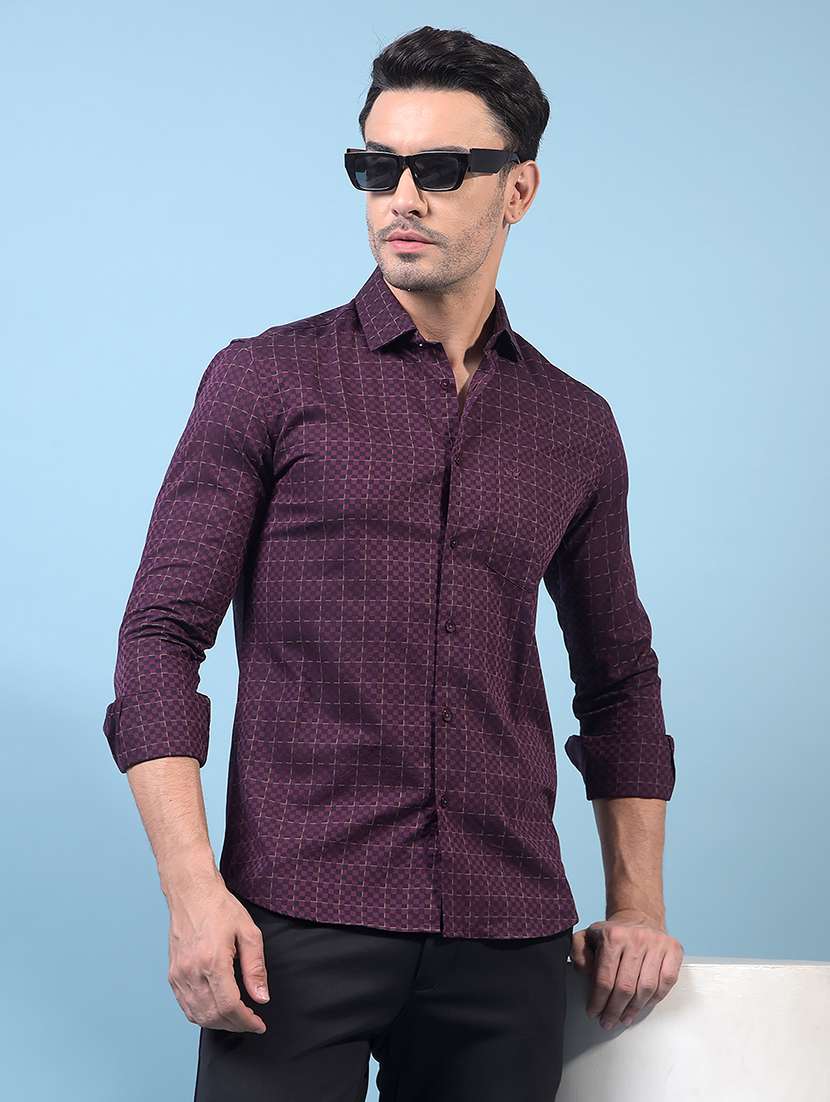men self design long sleeve slim fit casual shirt