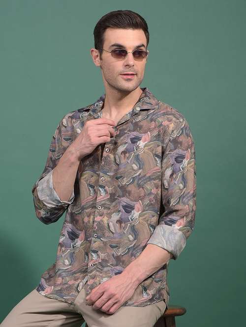 men abstract long sleeve slim fit casual shirt - 21881301 - Standard Image - 0