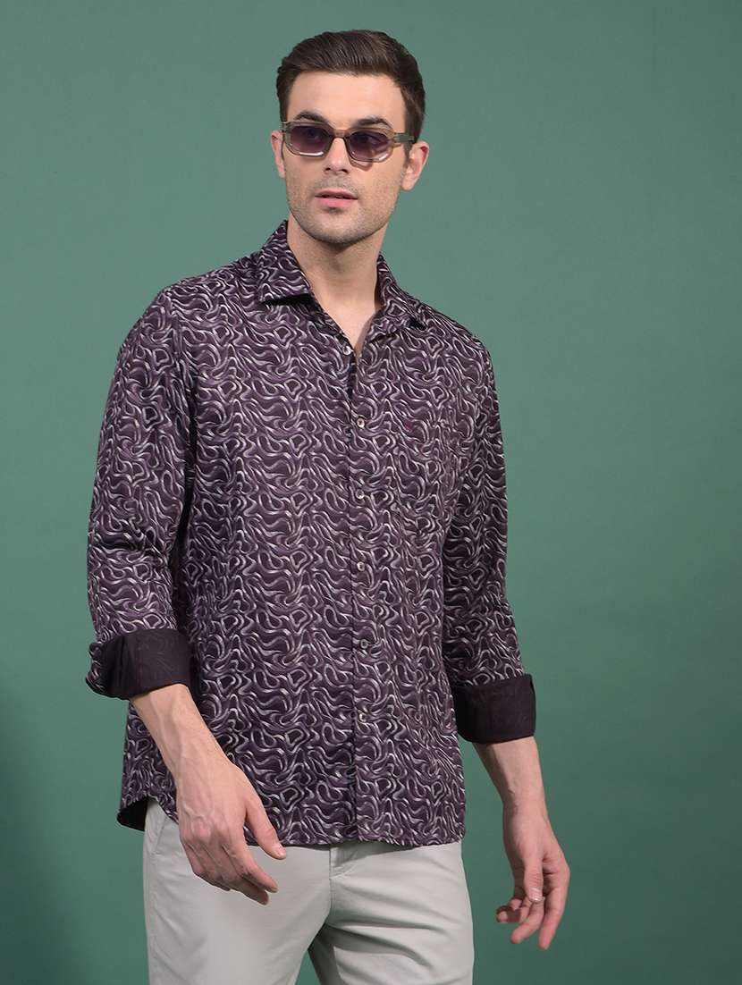 men abstract long sleeve slim fit casual shirt