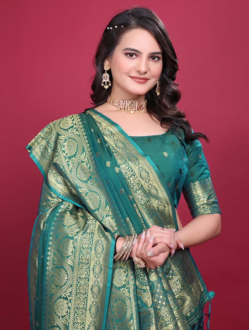 women teal self design banarasi saree with blouse - 21881498 - Standard Image - 4