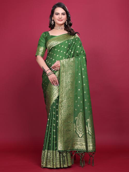 women green self design banarasi saree with blouse - 21881499 - Standard Image - 0