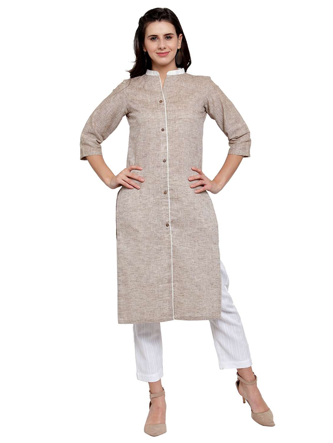 women solid three quarter sleeve straight kurta