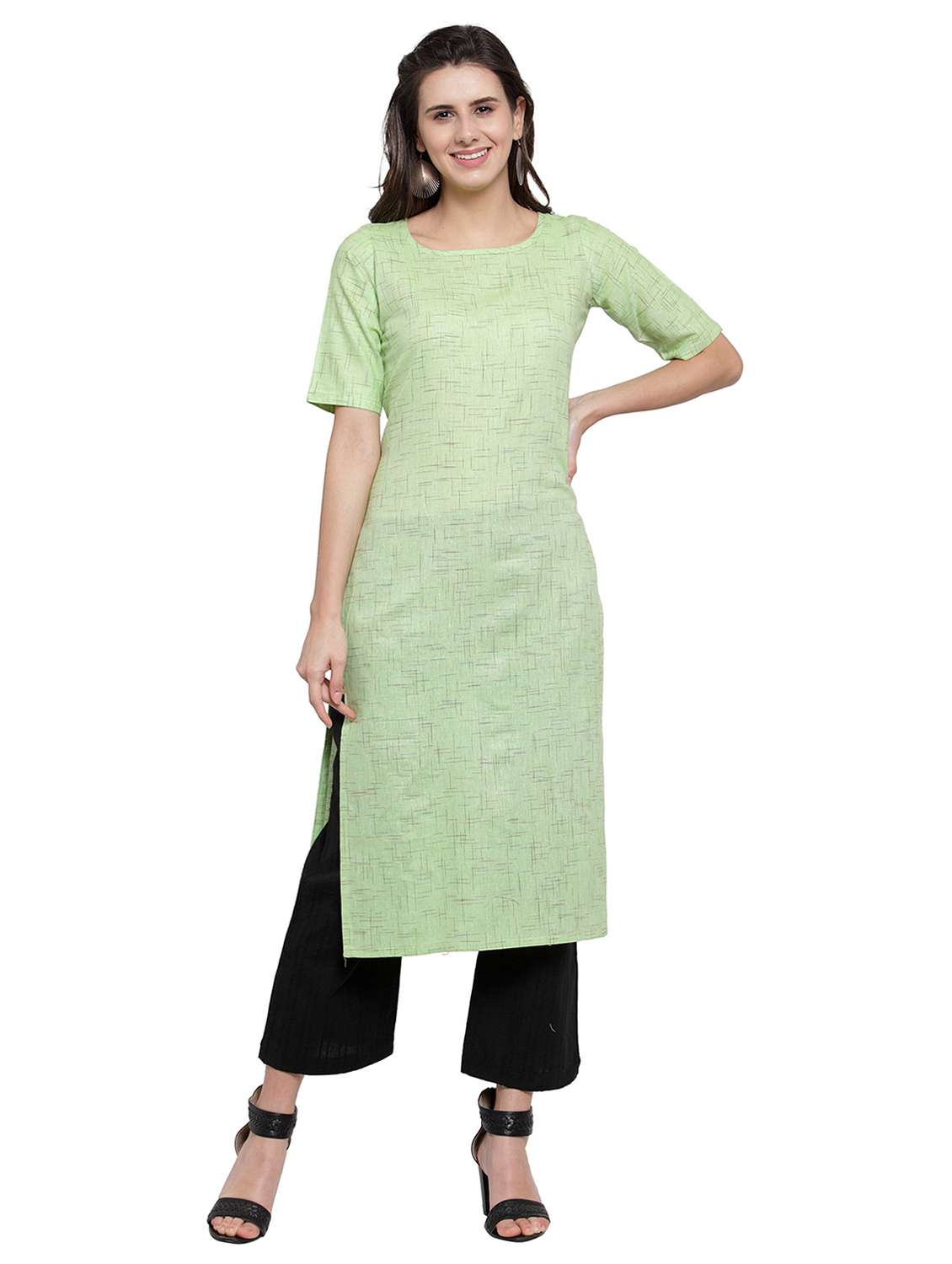 women self design short sleeve straight kurta