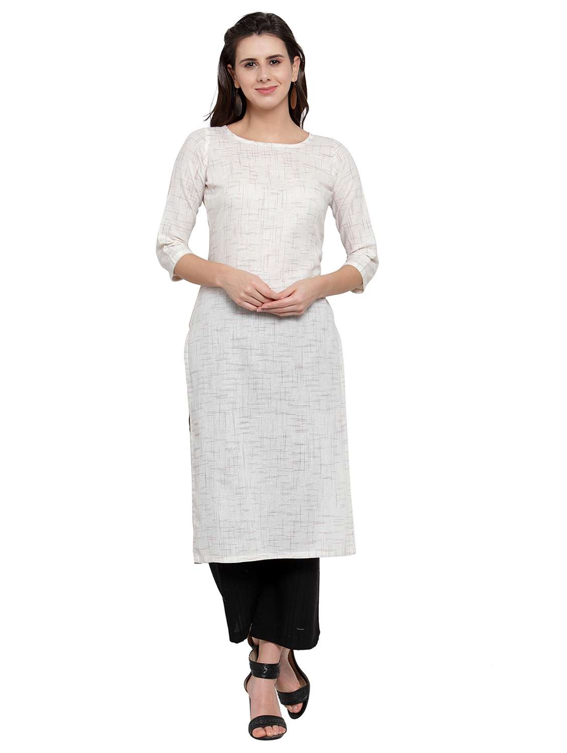 women solid three quarter sleeve straight kurta