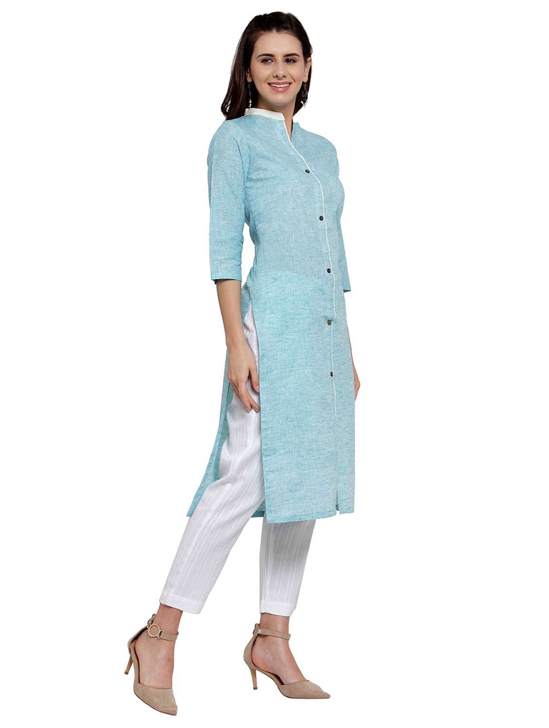 women solid three quarter sleeve straight kurta - 21881539 -  Standard Image - 1