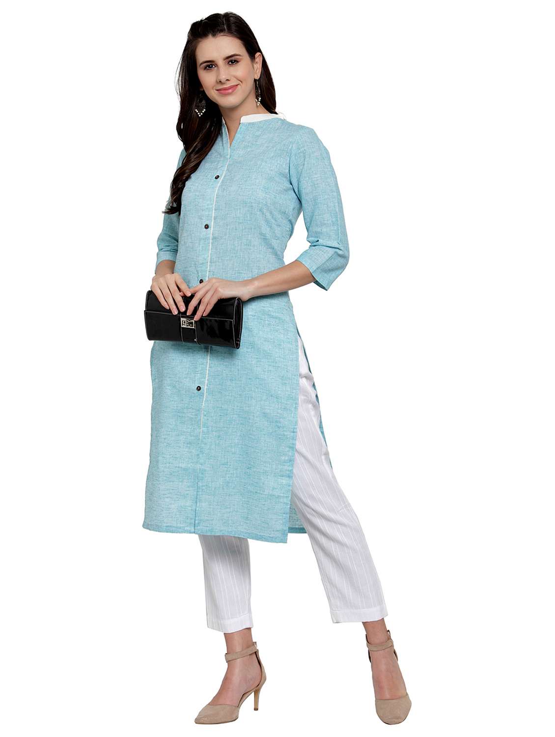 women solid three quarter sleeve straight kurta - 21881539 - Standard Image - 4