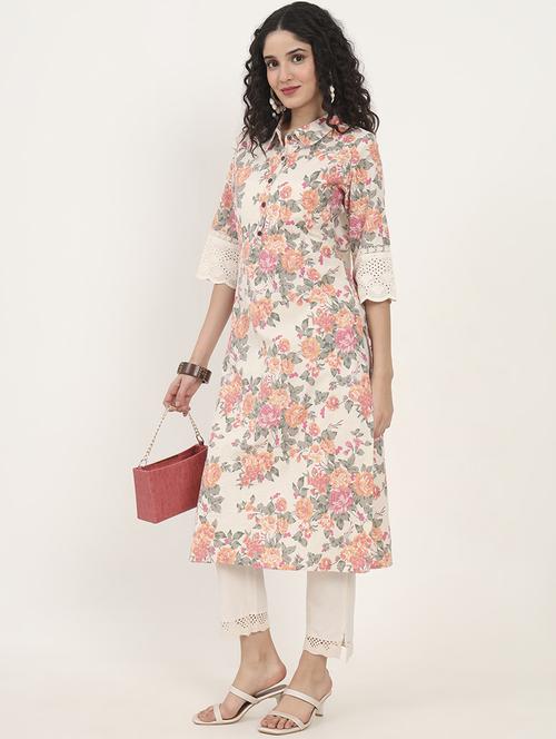 women floral three quarter sleeve straight kurta - 21881676 -  Standard Image - 0