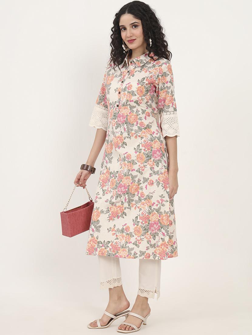 women floral three quarter sleeve straight kurta - 21881676 -  Zoom Image - 0