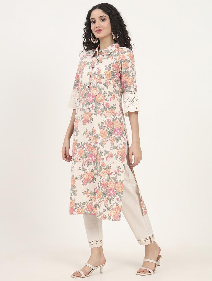 women floral three quarter sleeve straight kurta - 21881676 -  Standard Image - 1