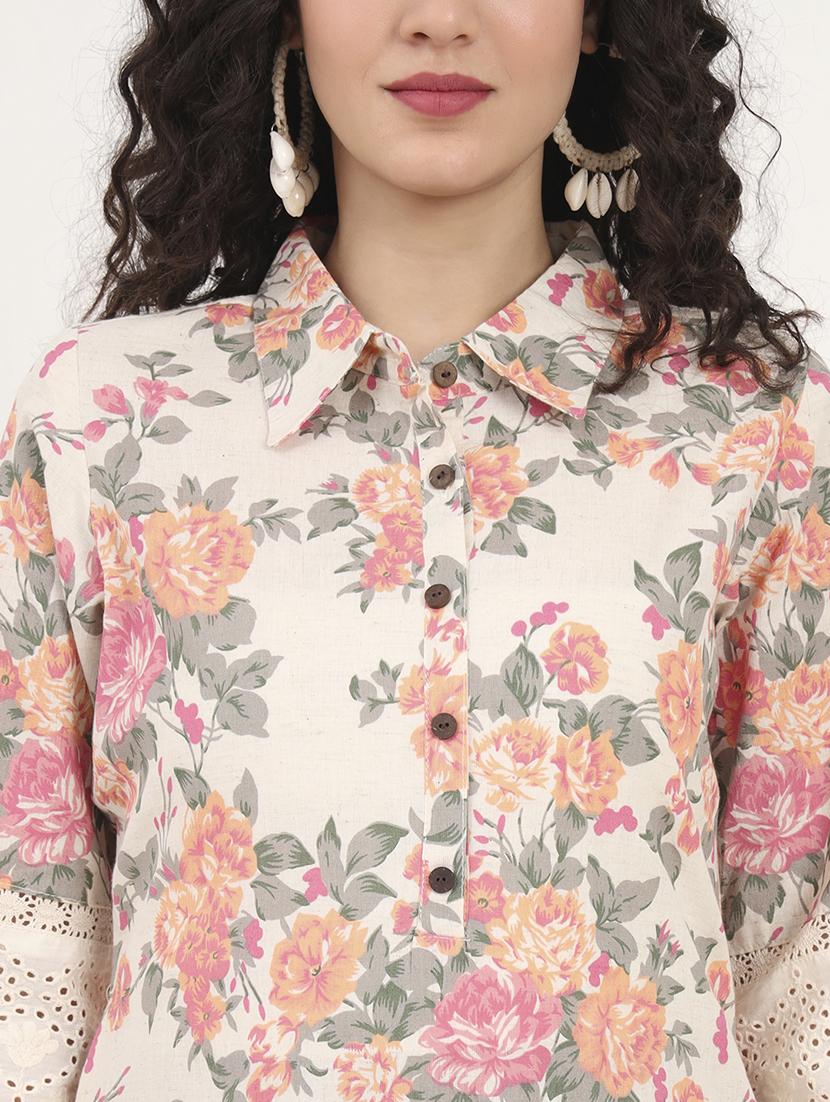 women floral three quarter sleeve straight kurta - 21881676 - Standard Image - 4