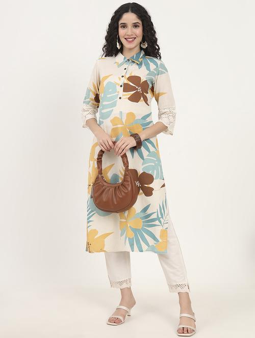 women floral three quarter sleeve straight kurta - 21881677 - Standard Image - 0