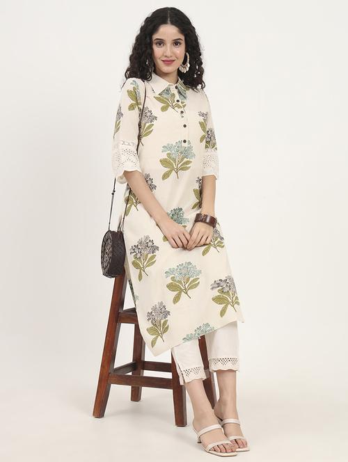 women floral three quarter sleeve straight kurta - 21881678 - Standard Image - 0