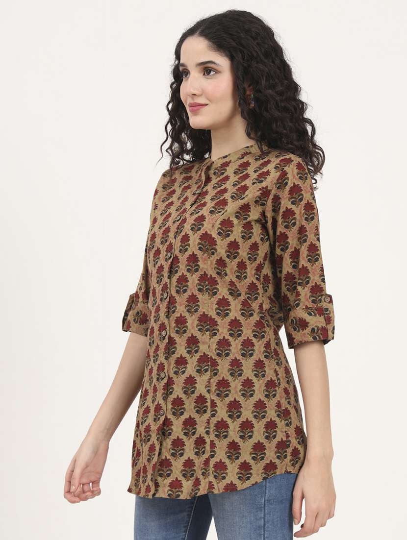 women printed roll-up sleeves kurti - 21881711 - Standard Image - 1