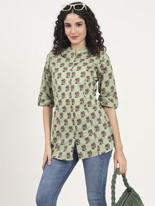 women printed roll-up sleeves kurti - 21881712 -  Standard Image - 0