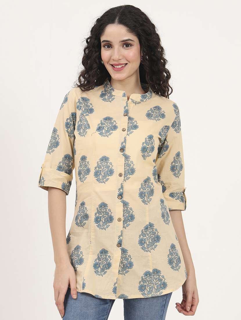women printed roll-up sleeves kurti - 21881714 -  Standard Image - 1