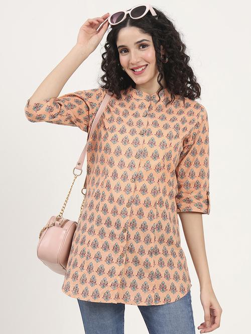 women printed roll-up sleeves kurti - 21881718 -  Standard Image - 0