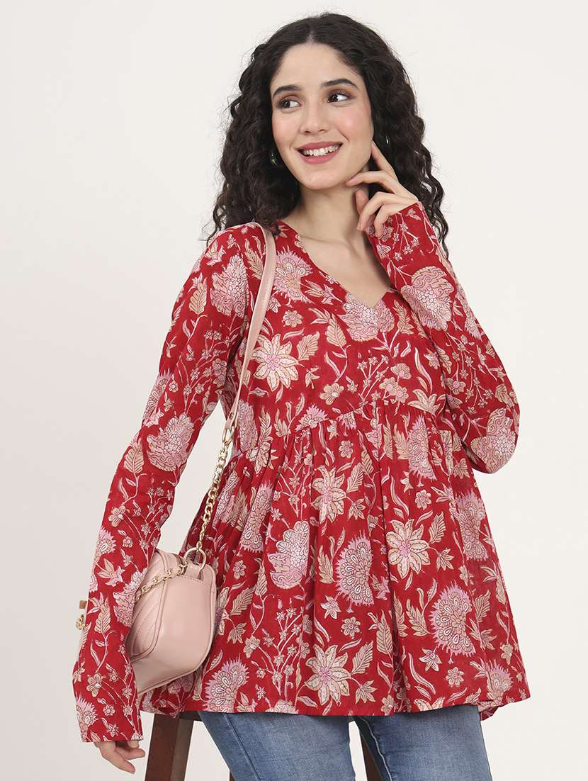women printed long sleeves flared kurti