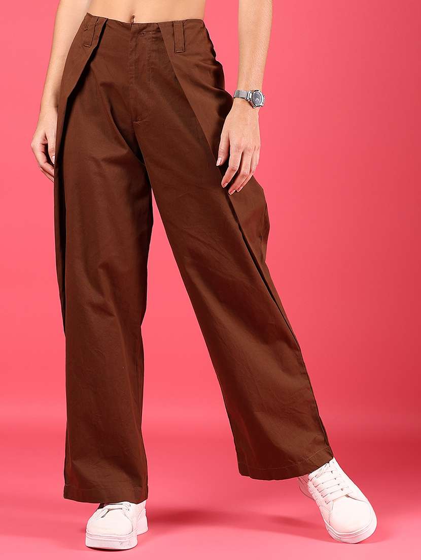 women solid high rise pleated straight trouser