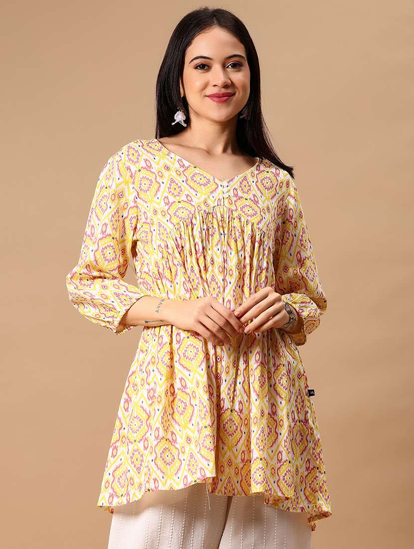 women yellow printed puff sleeve flared kurti - 21881856 - Standard Image - 1