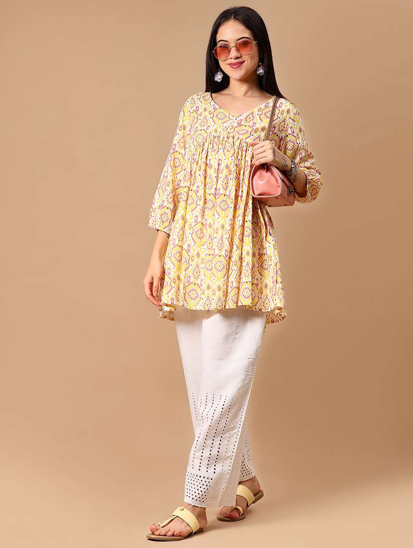 women yellow printed puff sleeve flared kurti - 21881856 - Standard Image - 4