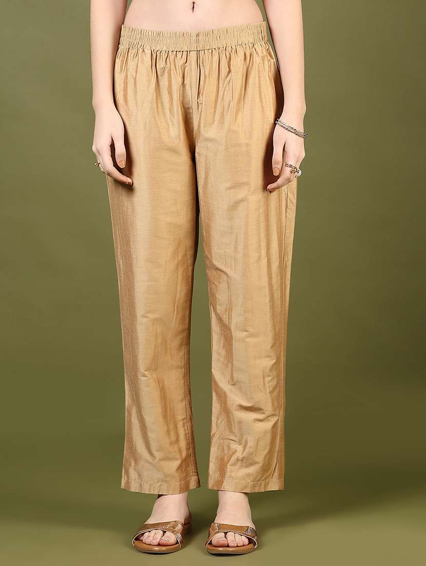 women gold solid mid rise straight tapered pant