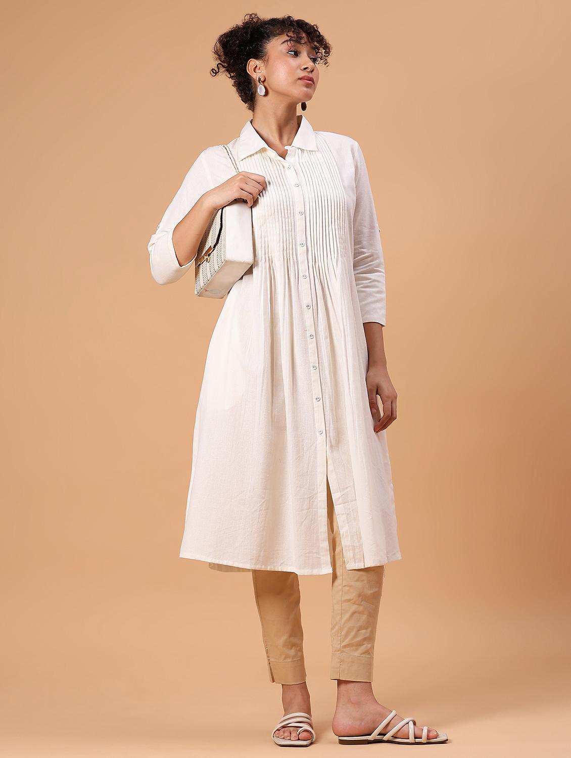 women white solid collared a-line kurta - 21881897 - Standard Image - 1