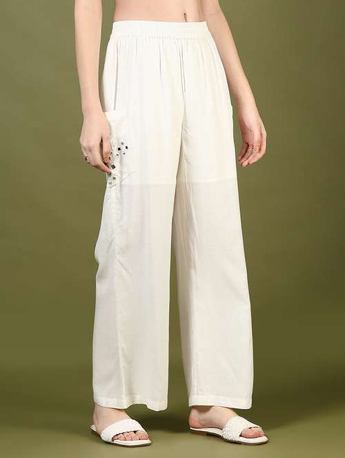 women off white mirror work mid rise palazzo