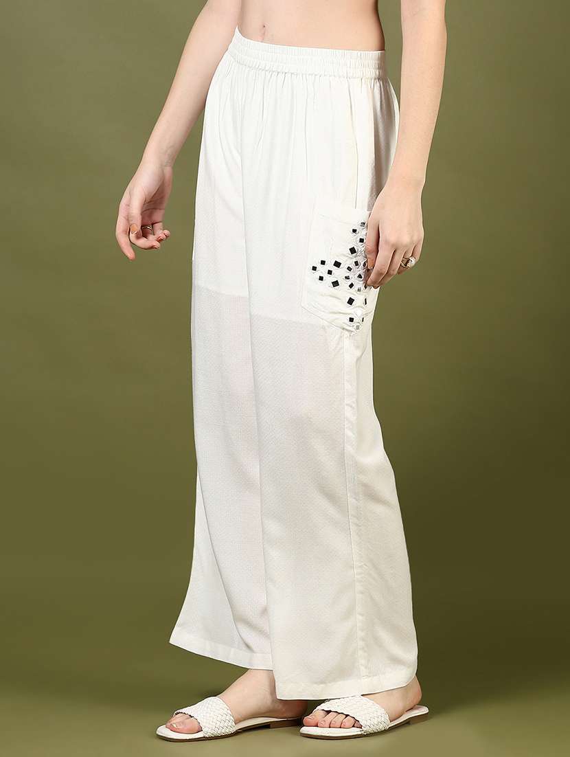 women off white mirror work mid rise palazzo - 21881902 - Standard Image - 1