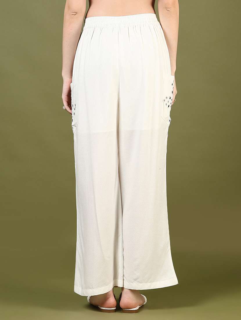 Women Off White Mirror Work Mid Rise Palazzo