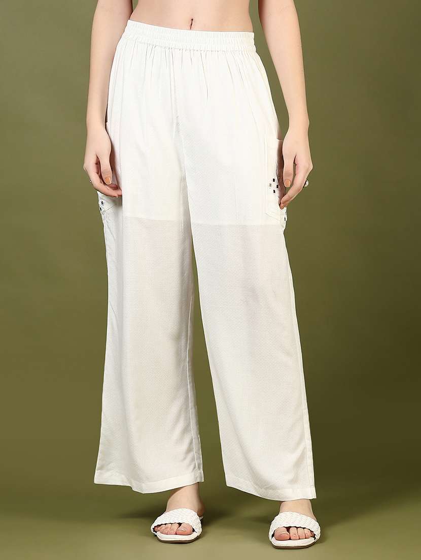 Women Off White Mirror Work Mid Rise Palazzo