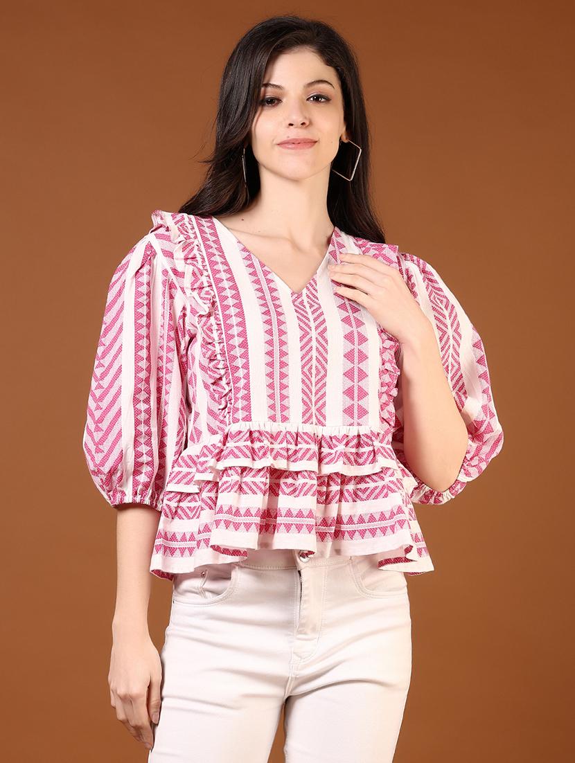 women printed puff sleeve peplum top - 21881908 - Standard Image - 1