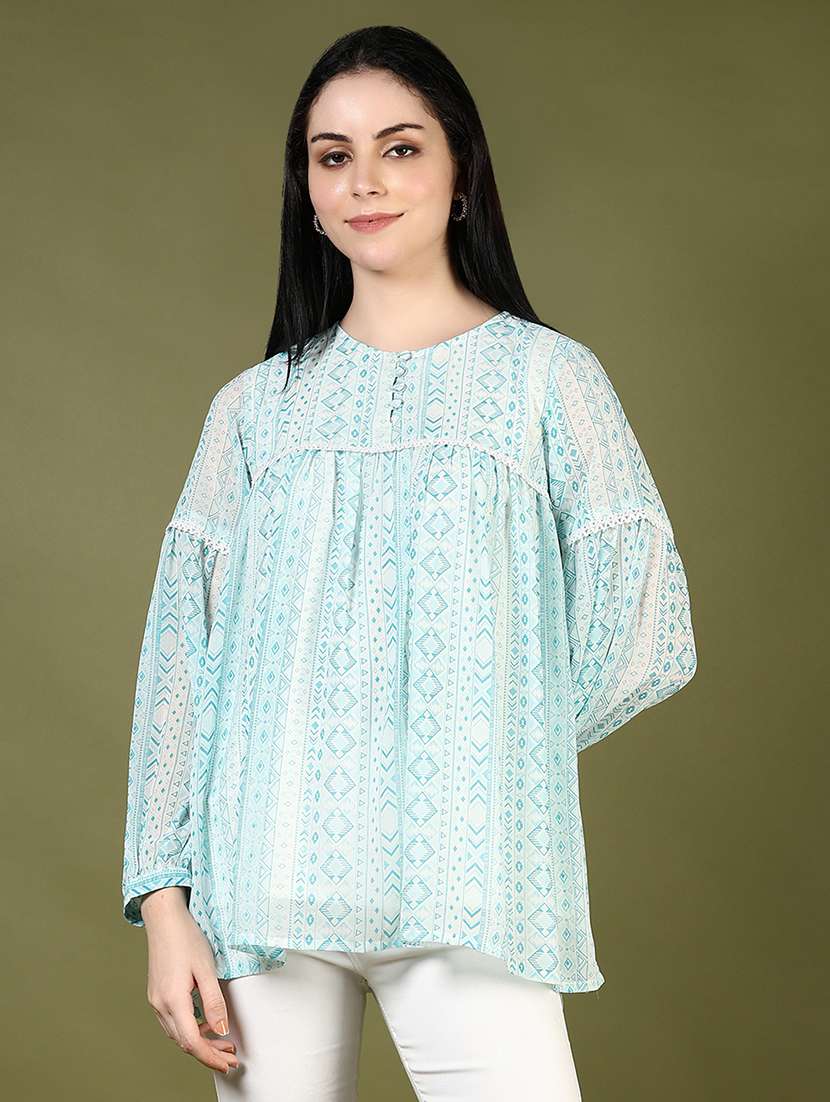 women ligh blue printed puff sleeve a-line top - 21881910 -  Standard Image - 1