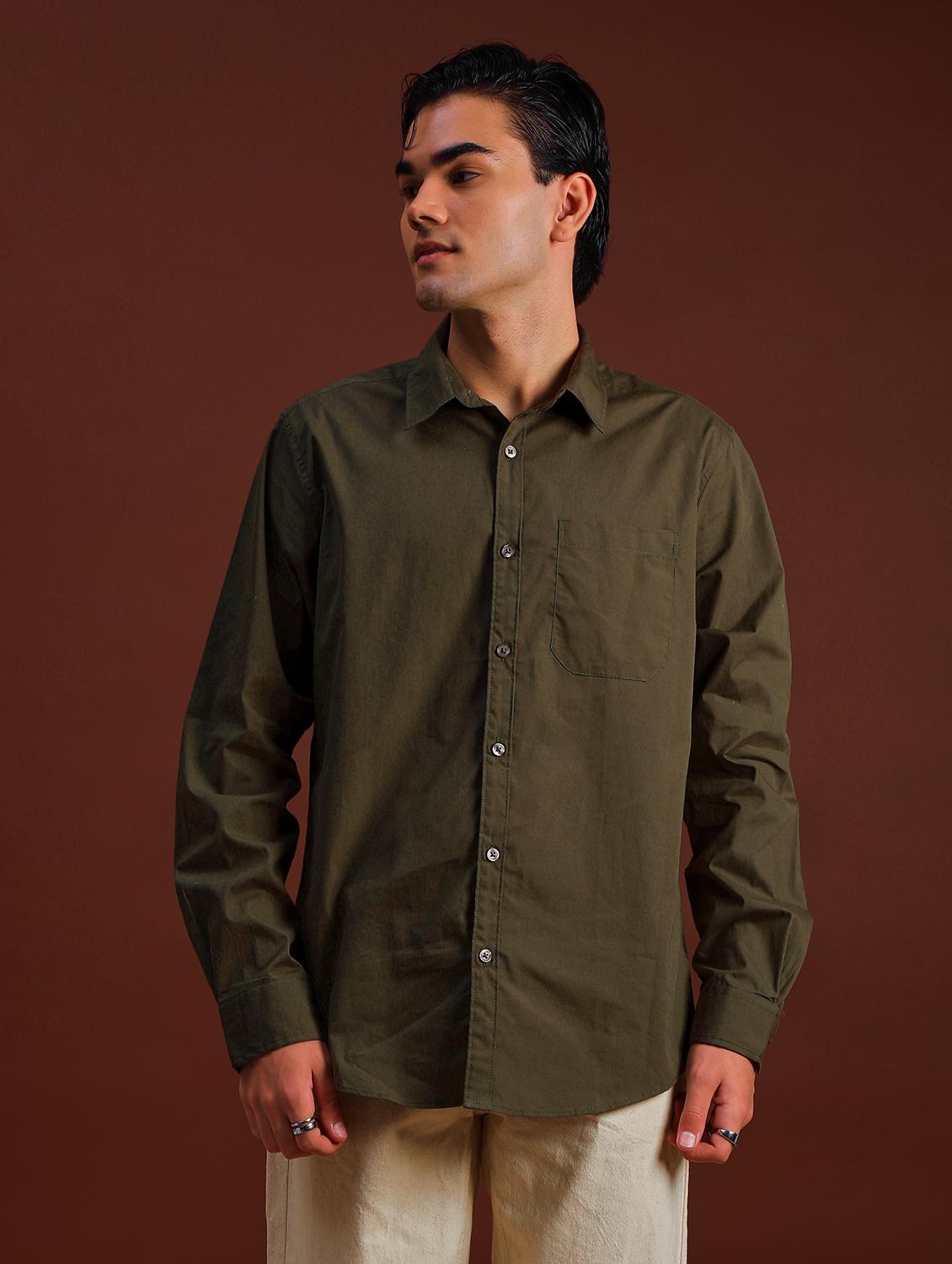 olive cotton casual shirt - 21885280 - Standard Image - 1