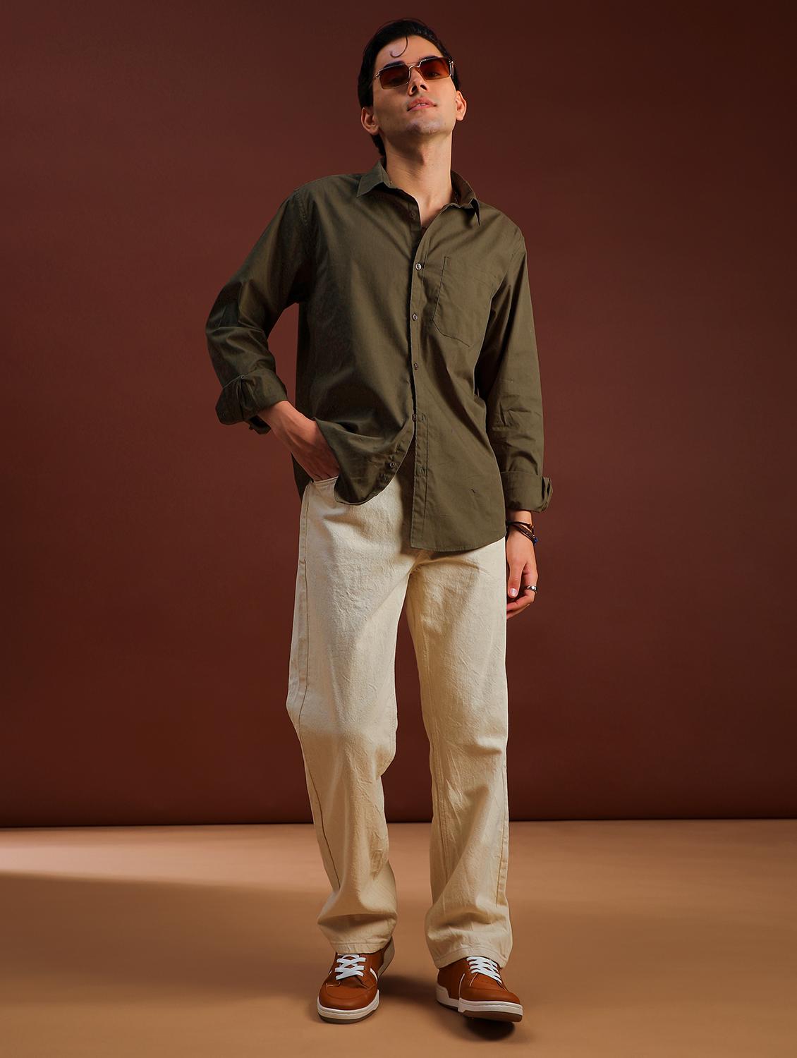 olive cotton casual shirt - 21885280 - Standard Image - 6