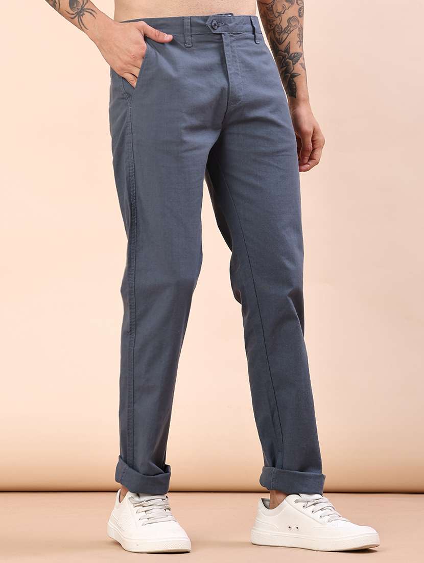 blue linen flat front casual trousers - 21885306 -  Standard Image - 1