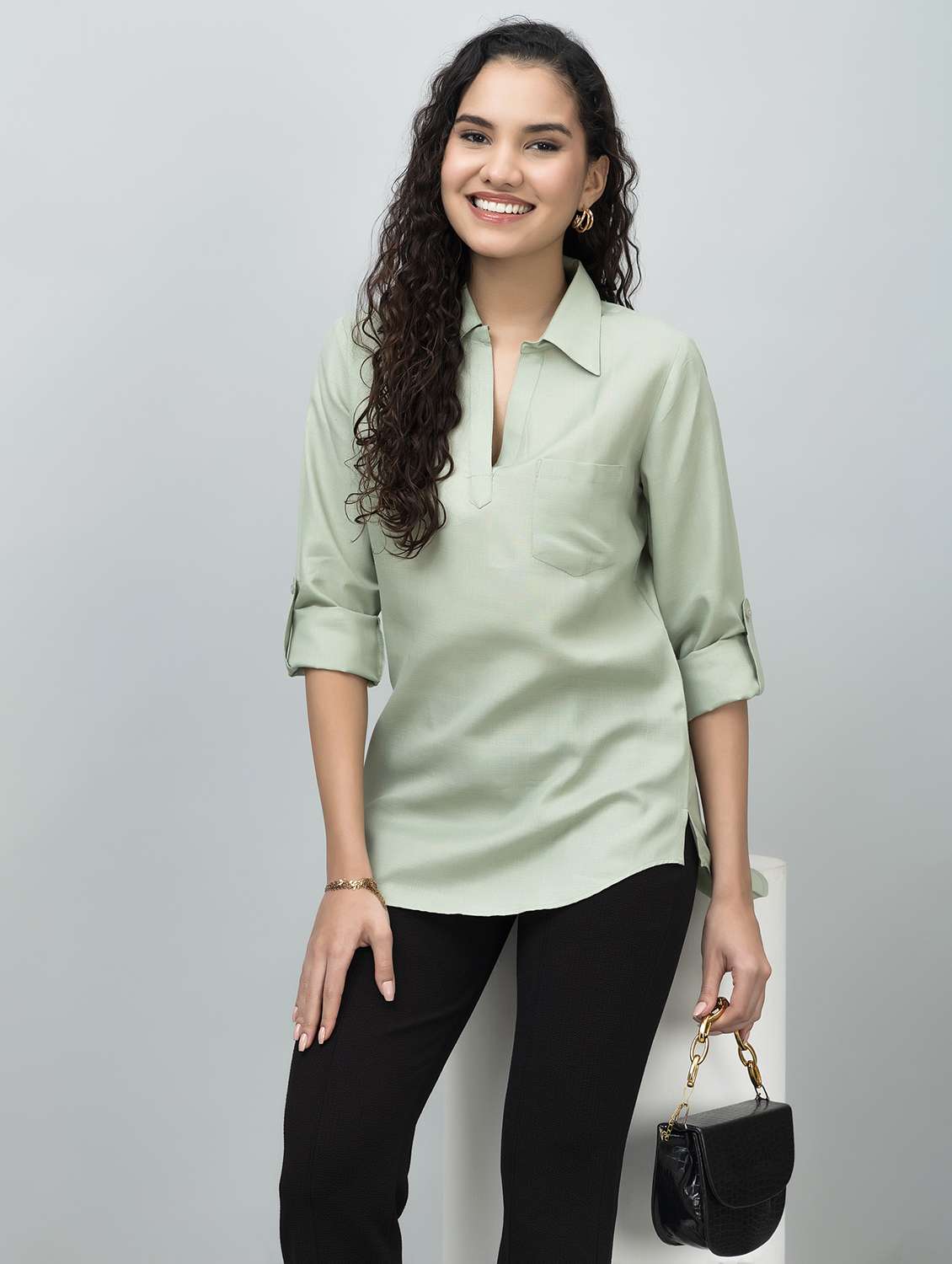 women solid collared roll up sleeves high low top