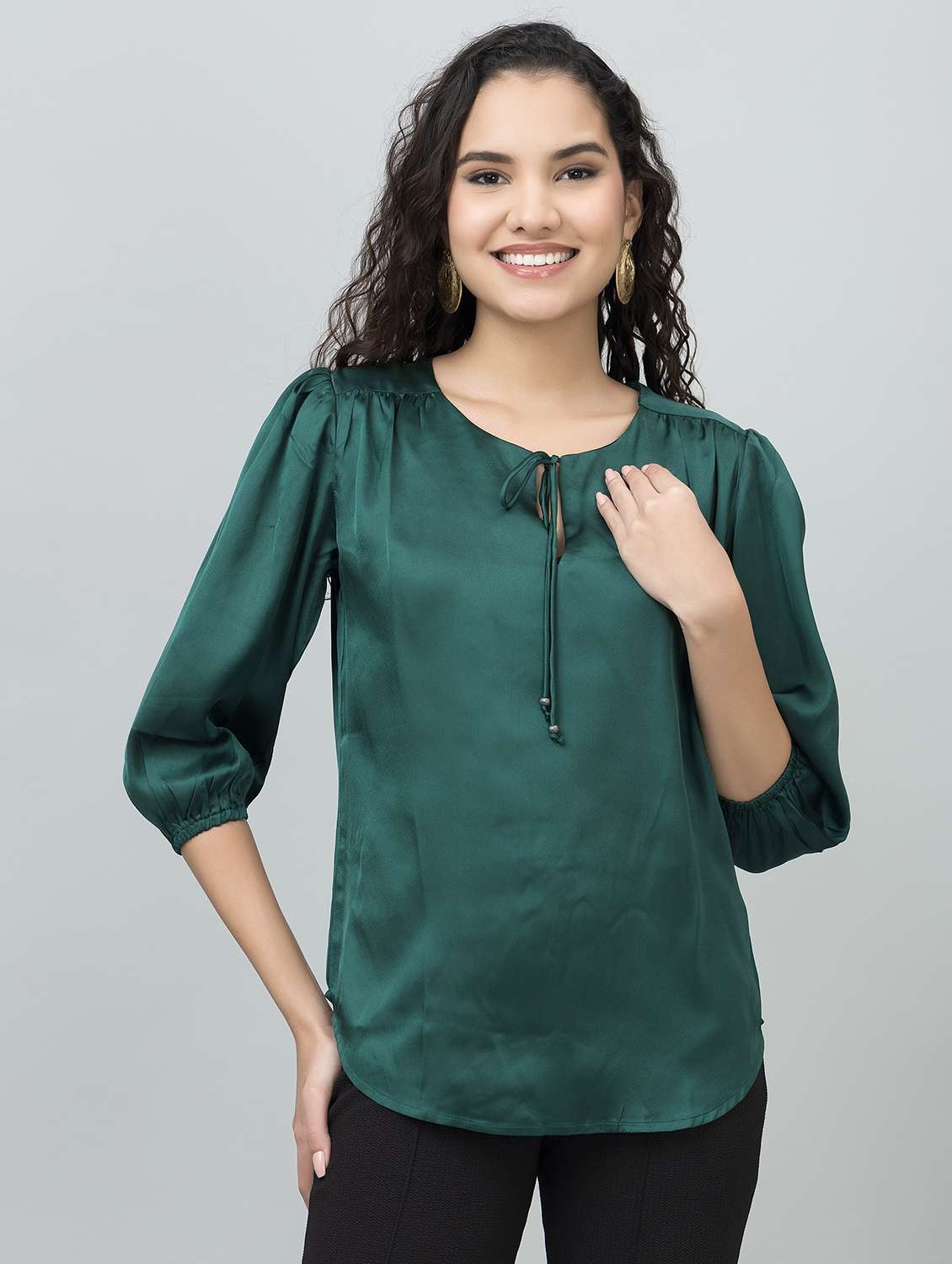 women solid puff sleeves regular top - 21885931 - Standard Image - 1
